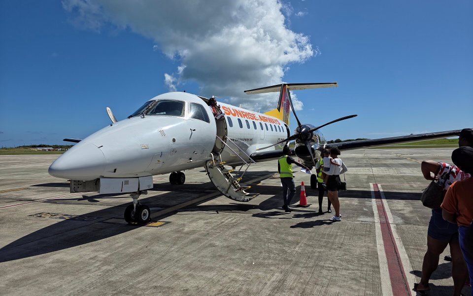 A Sunrise Airways Embraer turboprop in February 2026
